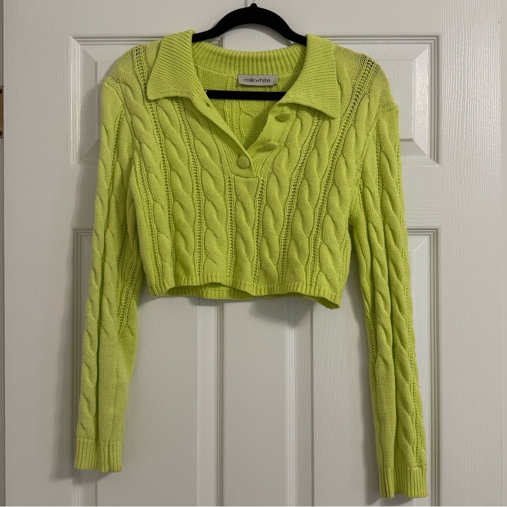 Milkwhite Lime Cable-Knit Cropped Sweater